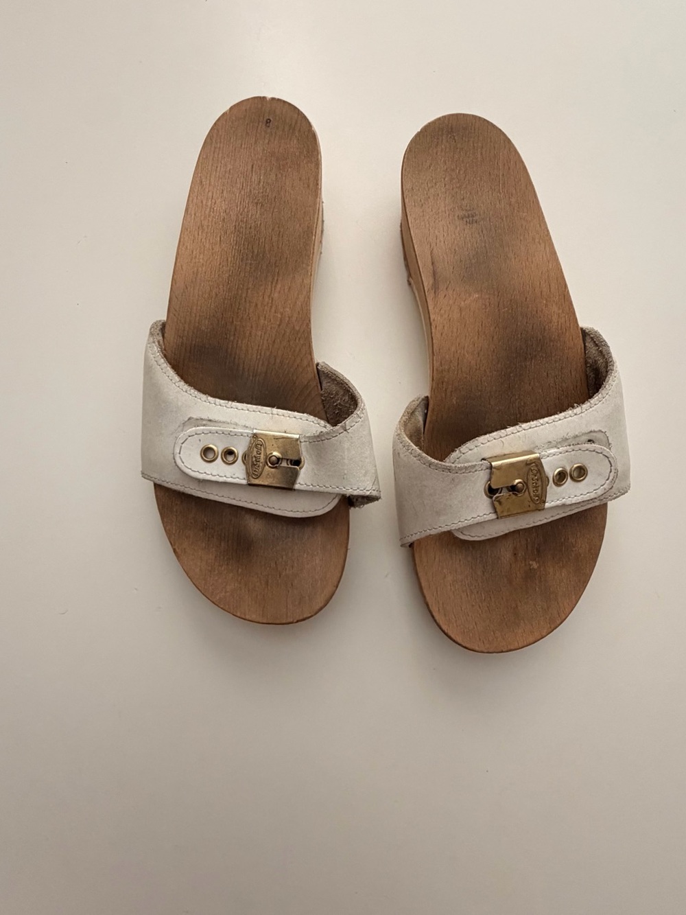 Dr. Scholl's Original Style White Slide Sandals with Gold Buckles - Picture 2 of 3